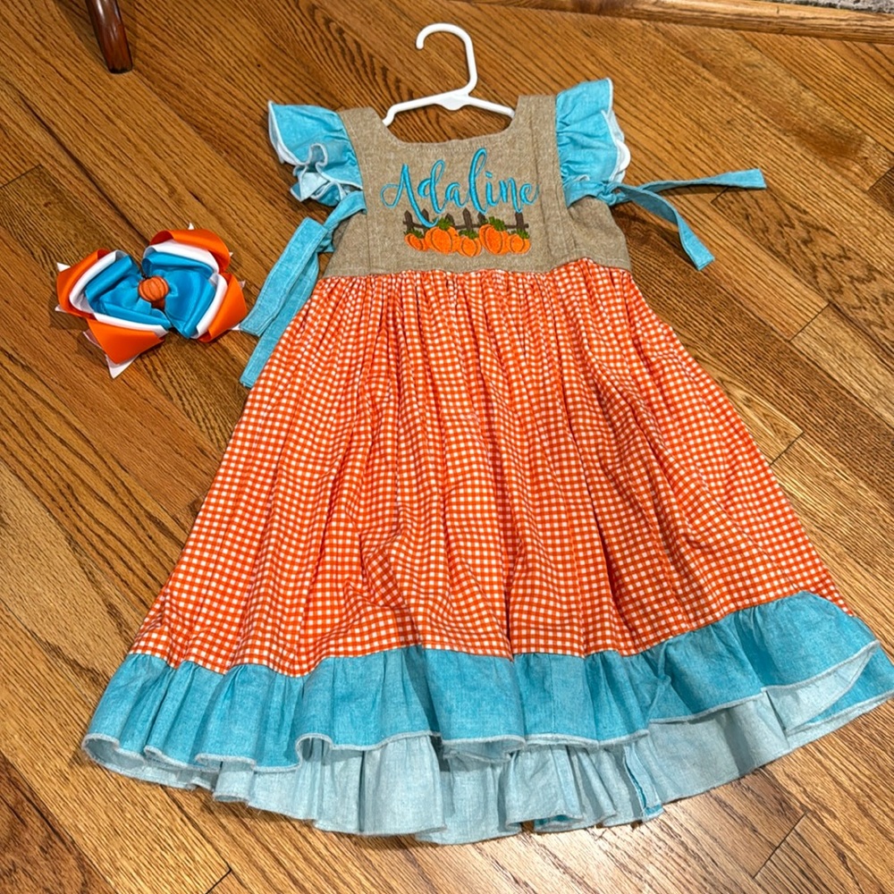 Adaline monogram pumpkin dress and matching bow